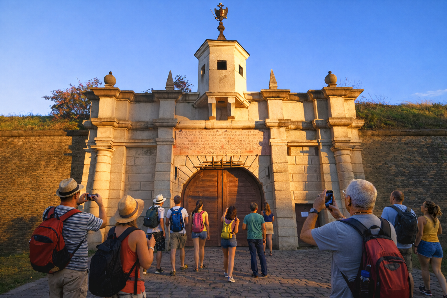 Pevnosť Komárno – historický vstup do pevnosti, návštevníci pred bránou