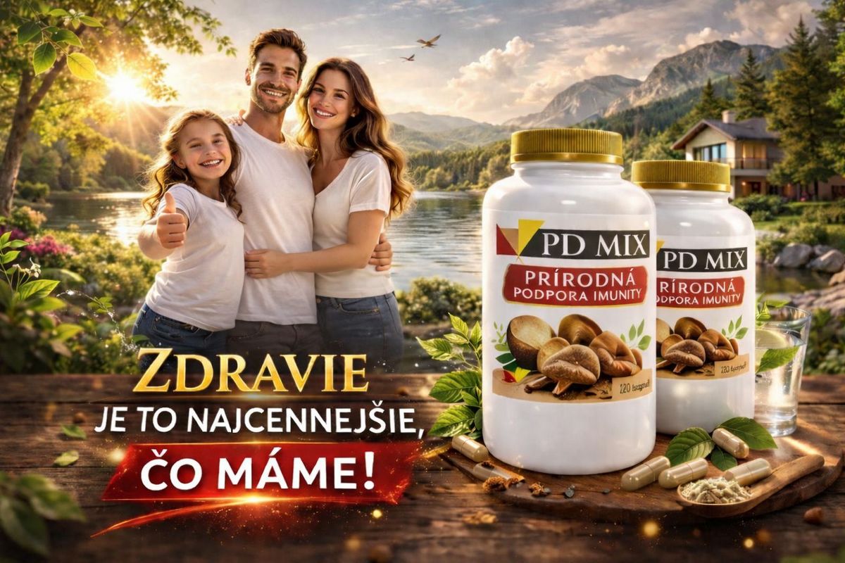 Reklamný obrázok PD MIX – šťastná rodina pri jazere, prírodná podpora imunity, slogan Zdravie je to najcennejšie, čo máme.